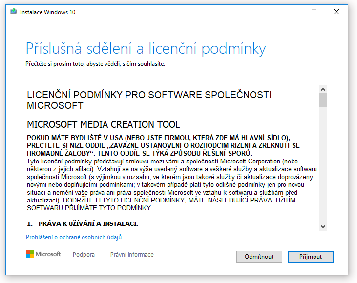 Liceční podmínky windows 10